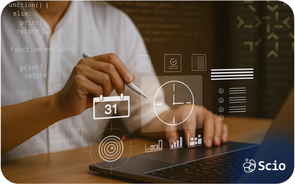 Software development productivity: developer using a laptop with analytics and value metrics displayed representing the shift from measuring code output to measuring business value delivered