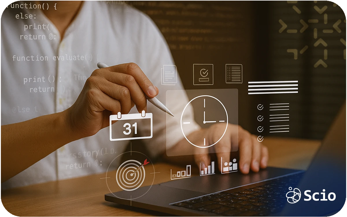Software development productivity: developer using a laptop with analytics and value metrics displayed representing the shift from measuring code output to measuring business value delivered