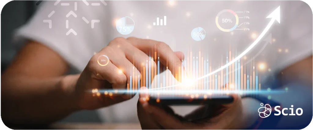 Career growth in software development: digital growth chart emerging from a mobile device representing the modern multidimensional paths available to engineers beyond a single promotion ladder