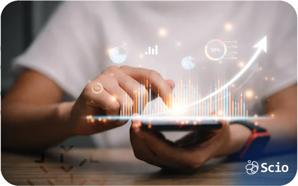 Digital growth chart emerging from a mobile device, representing modern and multidimensional software career growth