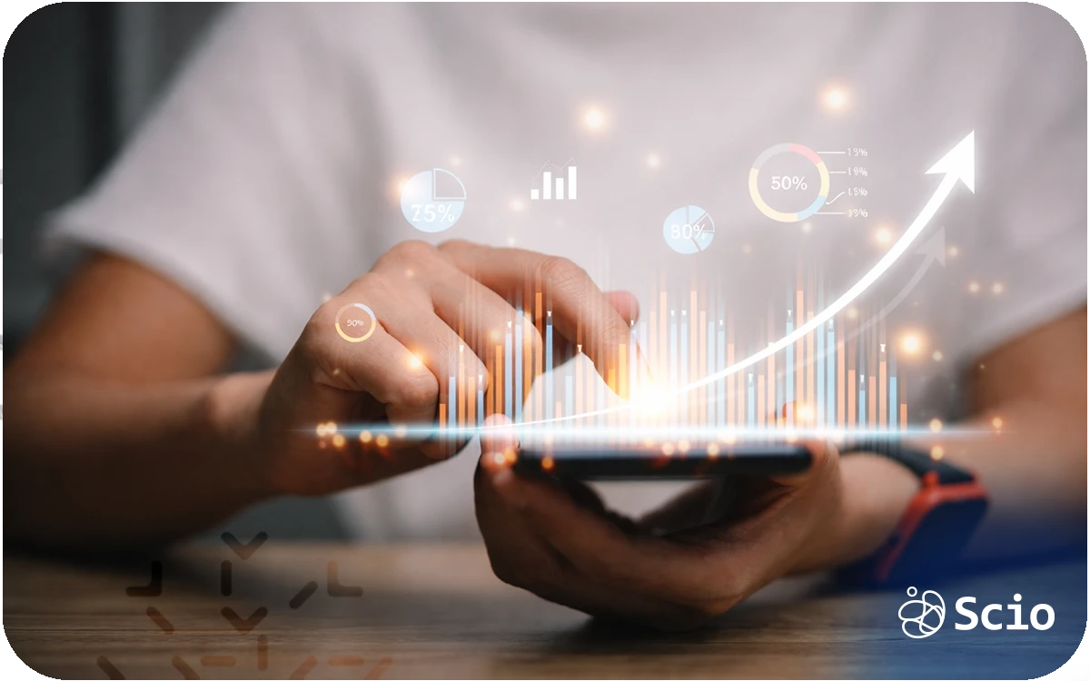 Digital growth chart emerging from a mobile device, representing modern and multidimensional software career growth