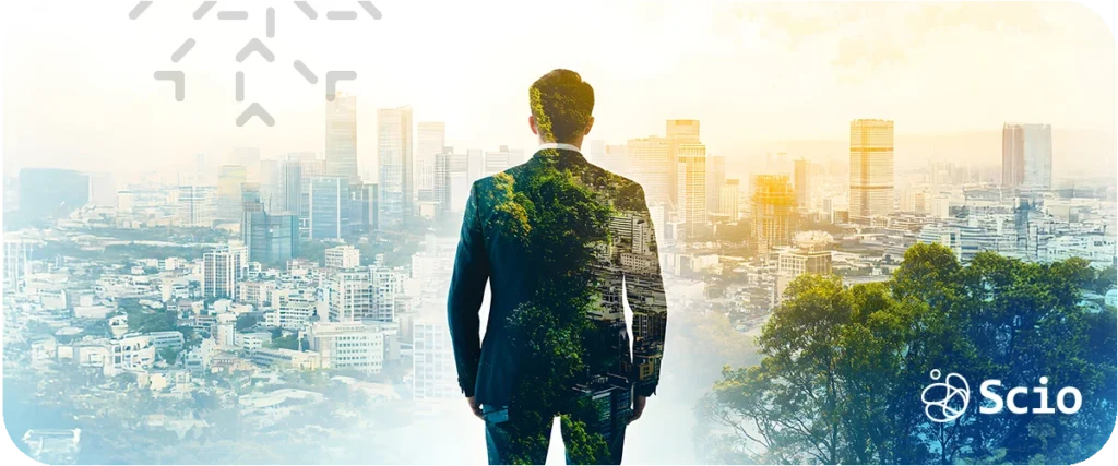 ClimateTech engineering talent: software engineer reviewing climate data platform on a monitor overlooking a modern city skyline
