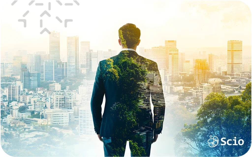 Engineer looking over a modern city skyline symbolizing innovation and the growing role of ClimateTech in shaping the future of technology and sustainability.