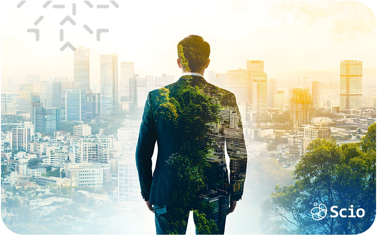 Engineer looking over a modern city skyline symbolizing innovation and the growing role of ClimateTech in shaping the future of technology and sustainability.