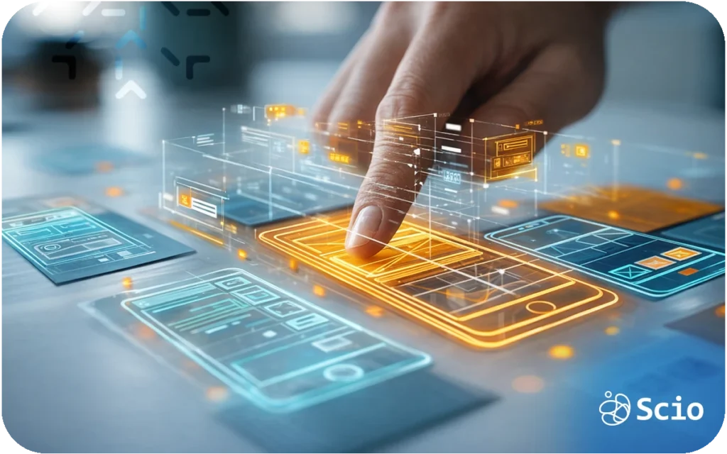 Mobile data management: engineer reviewing distributed mobile architecture diagram showing device connectivity, API security layers, and cloud data flows