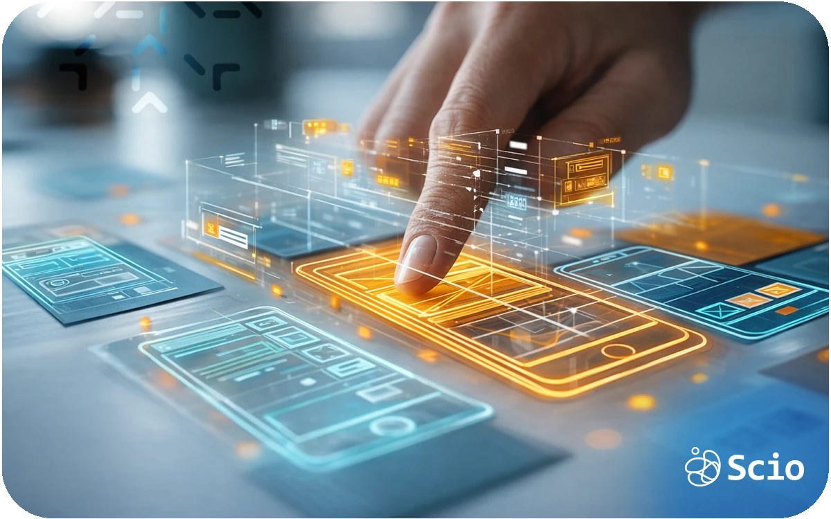 Mobile data management: engineer reviewing distributed mobile architecture diagram showing device connectivity, API security layers, and cloud data flows