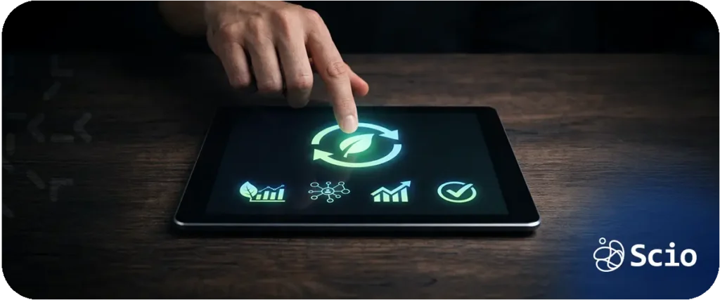 Person interacting with a digital tablet displaying sustainability and climate technology icons related to energy, data, and environmental monitoring.