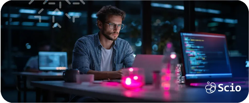 Developer using a stable foundation of technical expertise to explore a new framework or adjacent discipline representing the two-track model of mastery and exploration