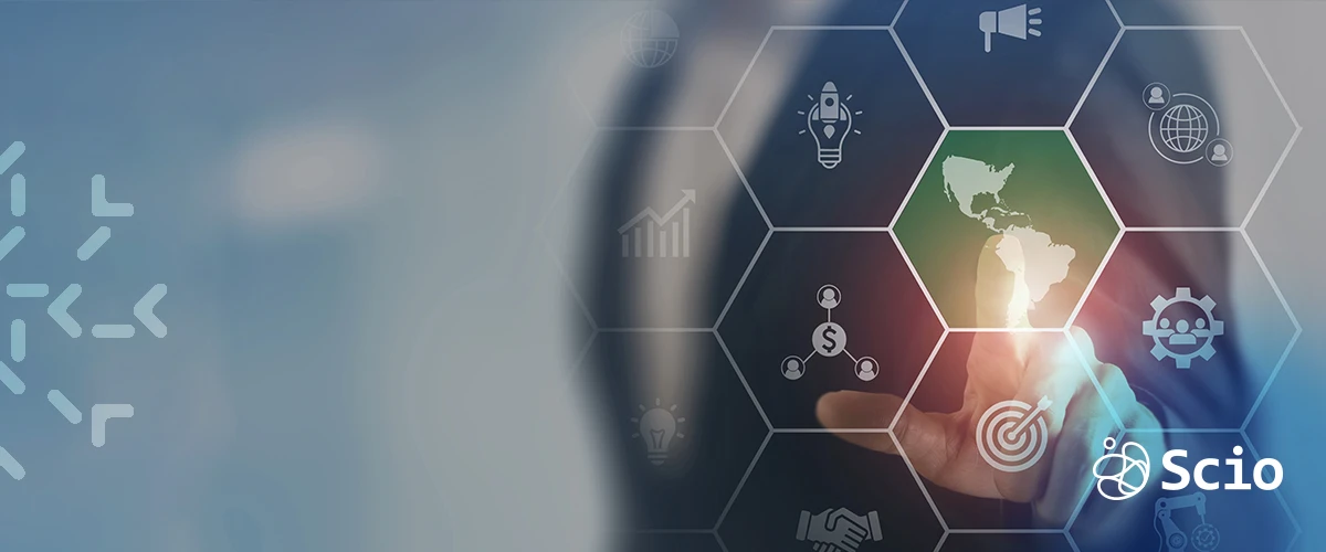 Business professional touching a digital innovation icon representing nearshore software collaboration.