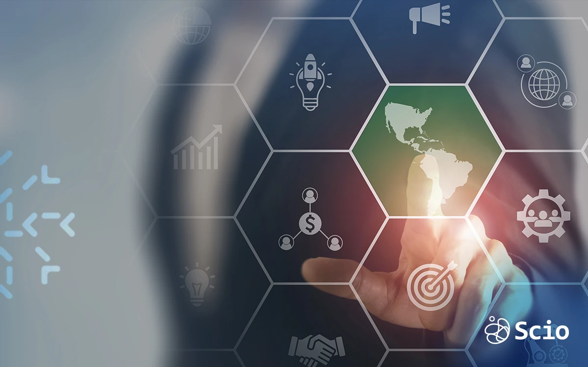 Business professional touching a digital innovation icon representing nearshore software collaboration.