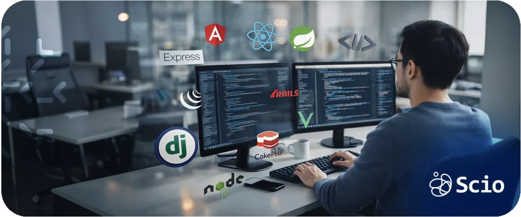 Frontend framework comparison: developer reviewing multiple code editors displaying React, Angular, and Vue frameworks representing the engineering decision of framework selection