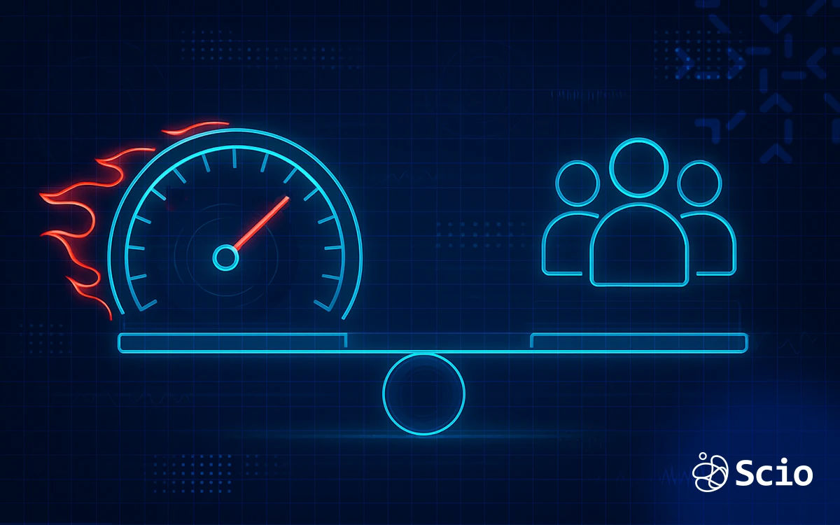 Balance scale with a speedometer and a team icon, illustrating Agile deadlines without burnout for Texas engineering teams.