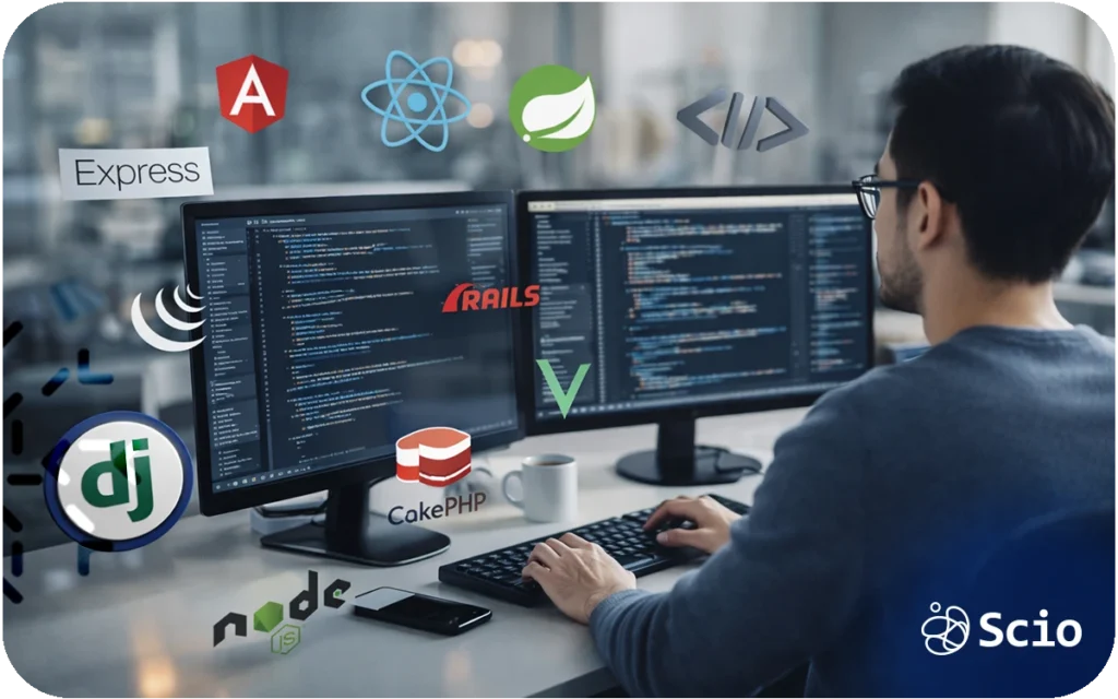 Software developer working with multiple front-end frameworks displayed on screens, including Angular, React, and Vue.