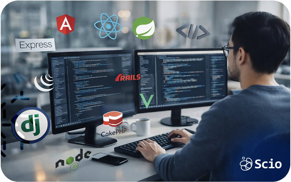 Software developer working with multiple front-end frameworks displayed on screens, including Angular, React, and Vue.