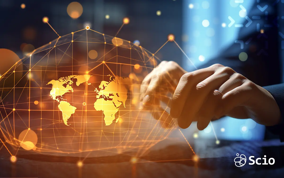 Hands interacting with a digital world map representing the shift from global to regional software development.