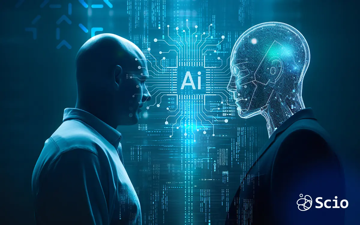 The Gap Between Engineers and Users: Will AI Fill the Void? Conceptual illustration of a human and an AI figure facing each other, symbolizing the relationship between technology and humanity, with "AI" at the center.