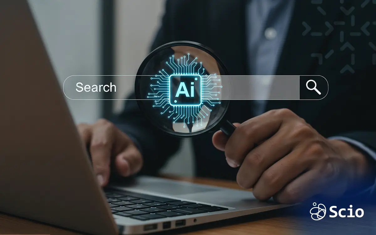 From SEO to AI – Generative Content Evolution for Nearshore Tech Person interacting with AI-powered search interface on a laptop, symbolizing the shift from traditional SEO to generative search content strategies.