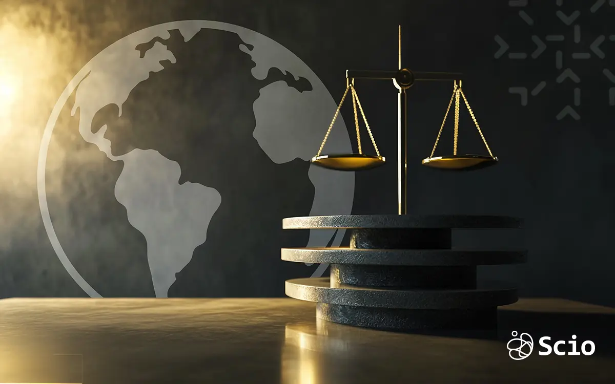 Golden justice scale over a global map, illustrating legal and IP risks in offshore software development contracts.