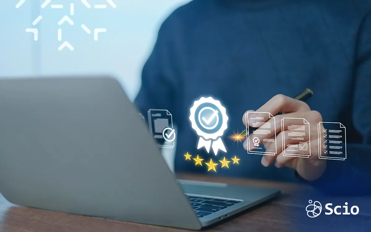 Person evaluating software quality metrics on a laptop, with visual icons for performance, rating, and continuous improvement in an Agile environment.