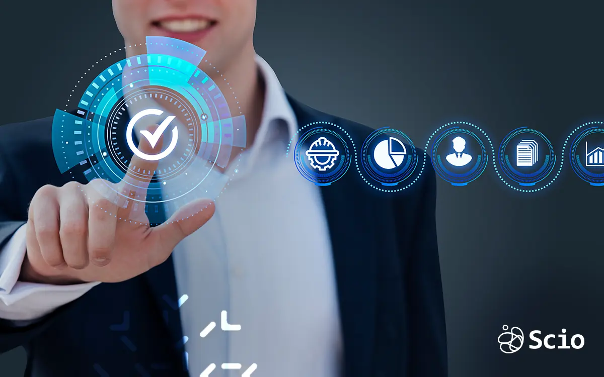 Business professional pointing to a digital interface representing cloud computing, collaboration, and software integration—symbolizing nearshore development in Mexico.