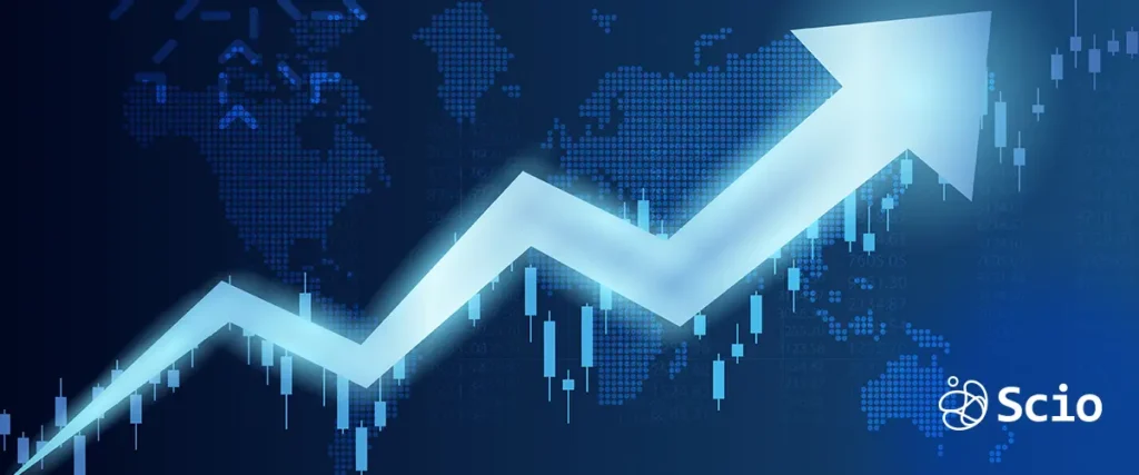 Upward arrow with financial data representing outsourcing growth trends.