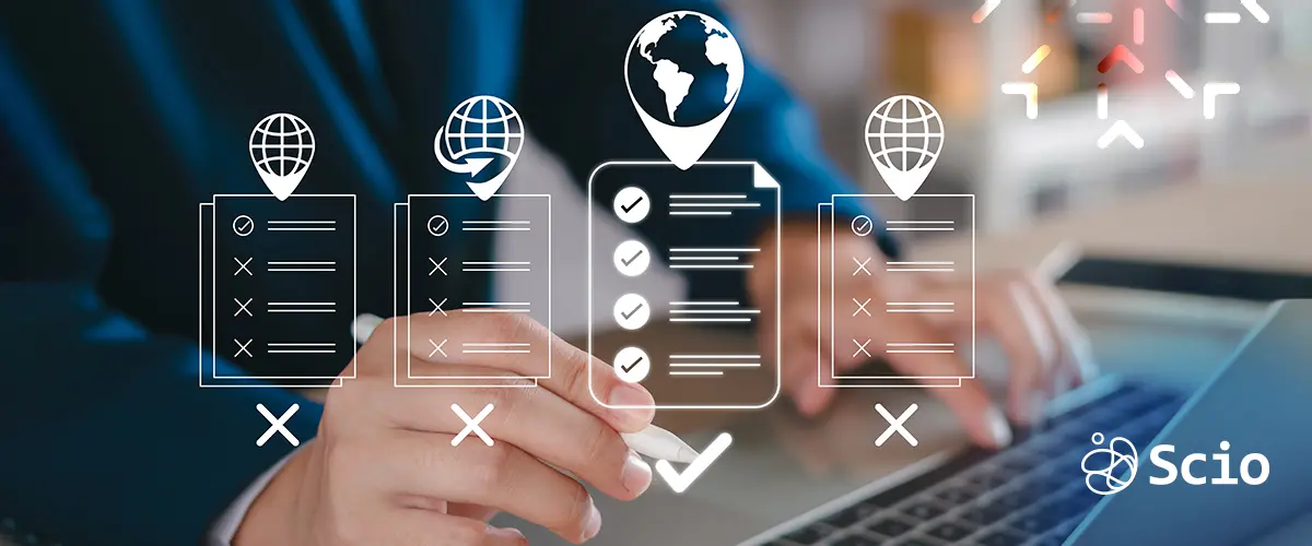 Hand selecting a secure location on a global checklist, representing safe nearshore outsourcing choices for U.S. companies
