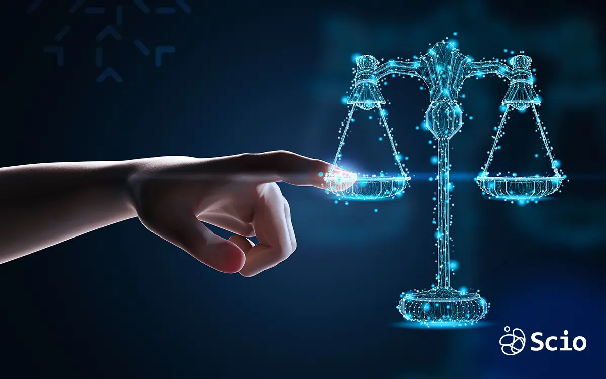 Digital scale of justice being touched by a hand, symbolizing legal protection in software contracts