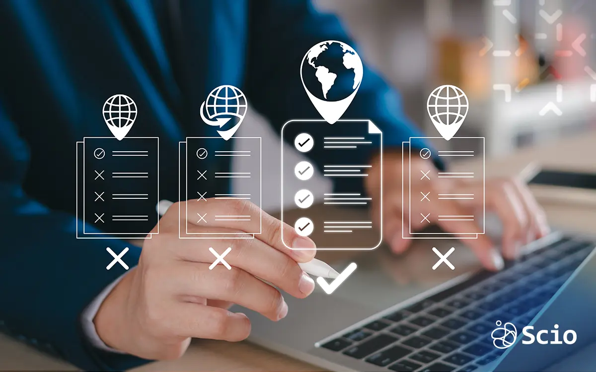 Hand selecting a secure location on a global checklist, representing safe nearshore outsourcing choices for U.S. companies