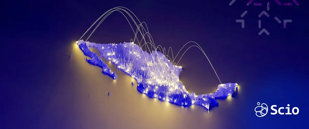 Digital map of Mexico glowing with data connections, representing nearshore tech collaboration with the U.S.