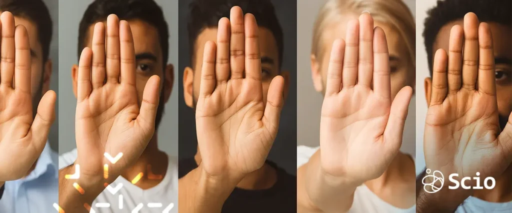 Multicultural team members raising their hands to signal rejection, illustrating cultural differences in workplace communication