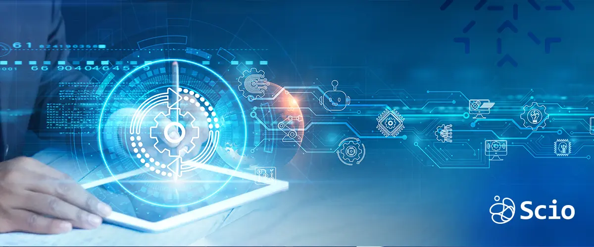 Businessman using a digital tablet with holographic tech icons, symbolizing software development trends in Latin America.