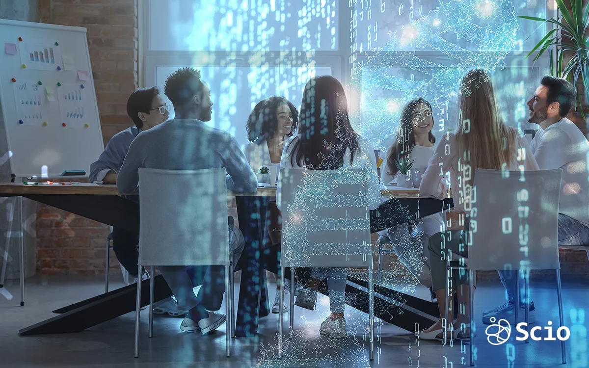 Scio’s nearshore software team collaborating in a strategy session, showcasing the Culture as Code foundation for high-performing U.S. development projects.