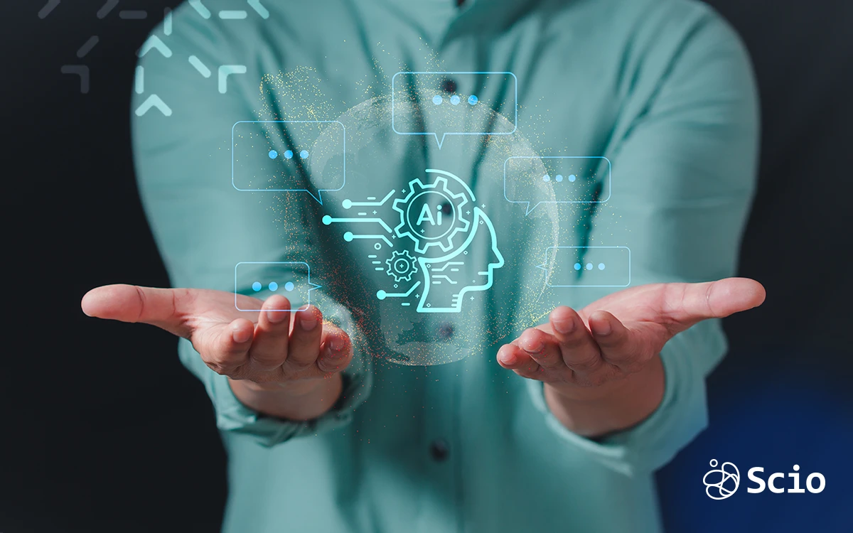 Business leader holding AI hologram in hands, symbolizing the future of developers.