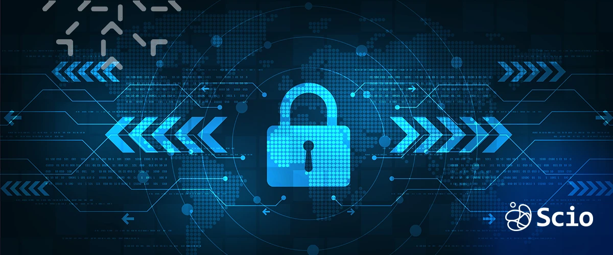 Cybersecurity concept with a glowing lock and directional arrows representing secure data flow in software development.