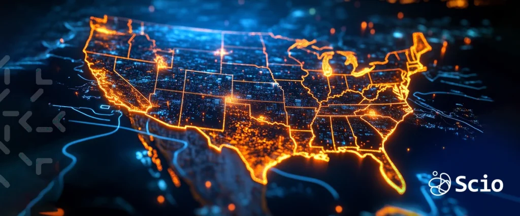 Texas software outsourcing: map of the United States highlighting Austin and Dallas major tech hubs representing the software outsourcing movement growing in Texas's two-engine tech economy