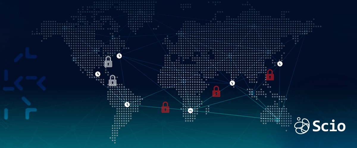 World map showing cybersecurity locks symbolizing the global connection between nearshore and offshore teams.