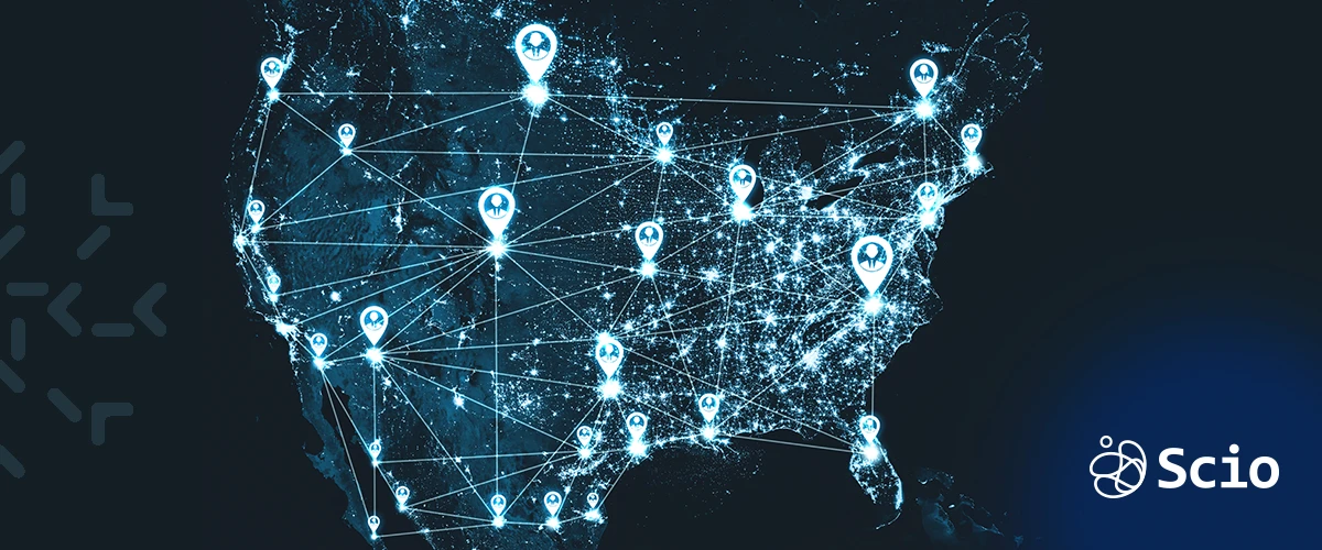 Digital network map illustrating nearshore software collaboration between U.S. clients and Latin American development teams.