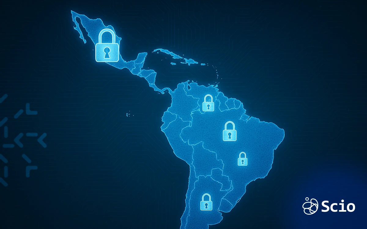 Map of Latin America highlighting cybersecurity growth and nearshore talent emerging from Mexico, Brazil, and Colombia.