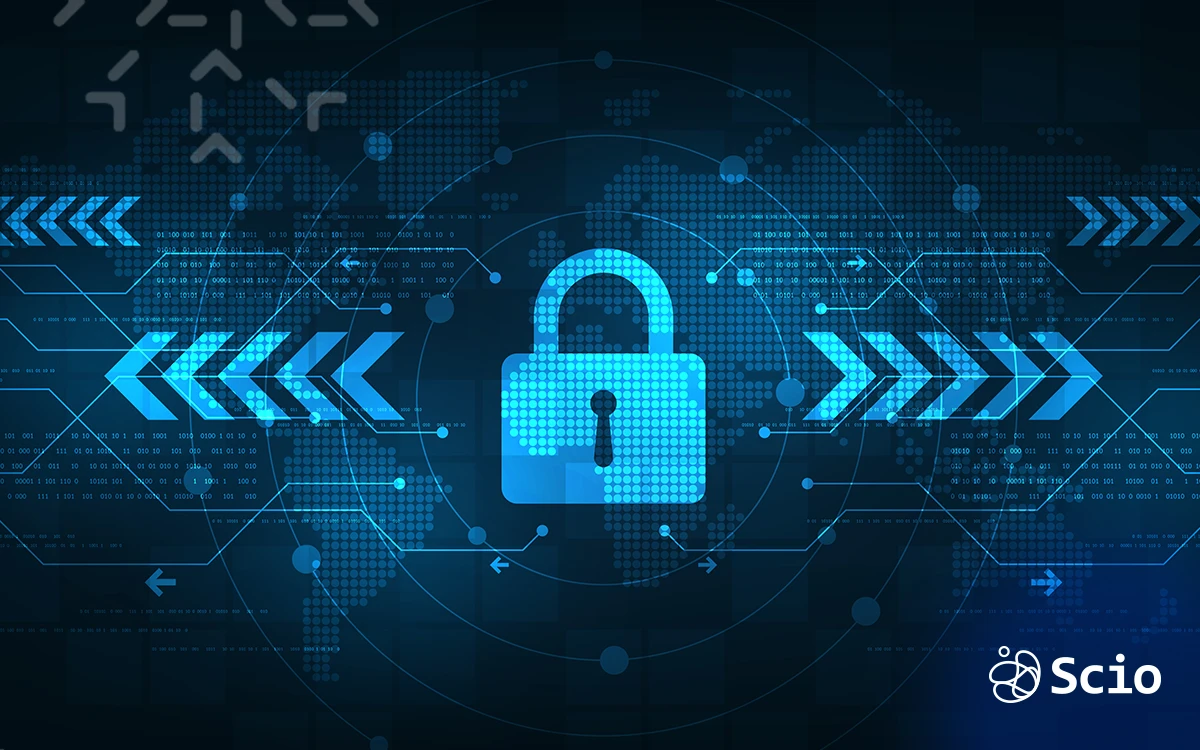 Cybersecurity concept with a glowing lock and directional arrows representing secure data flow in software development.