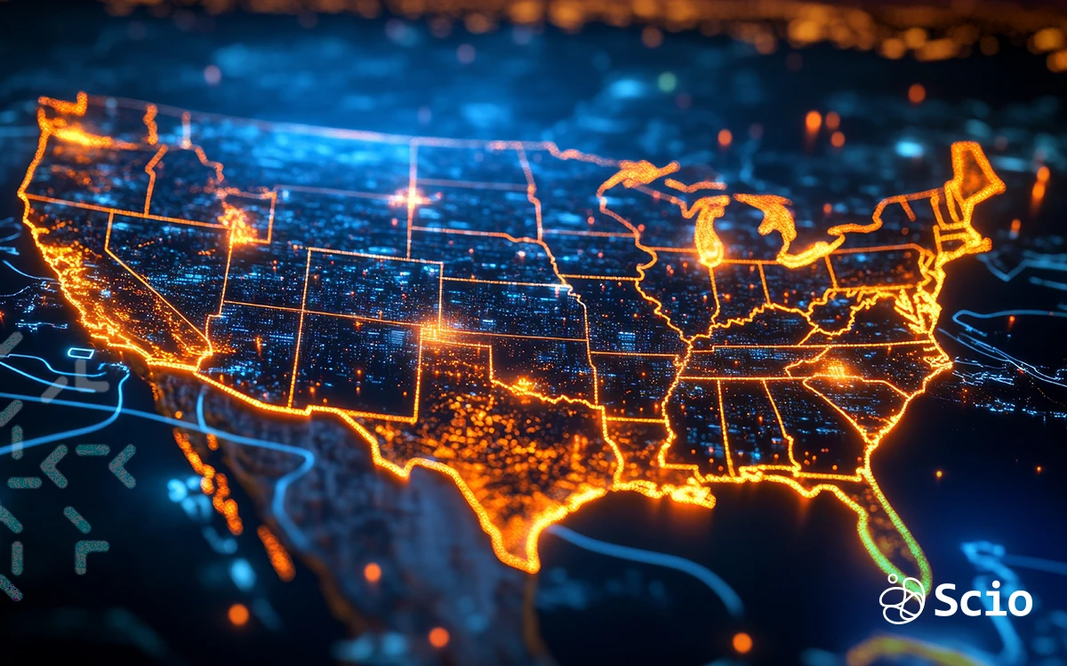 Map of the United States highlighting major tech hubs and digital connections, representing the software outsourcing movement in Austin and Dallas, Texas.