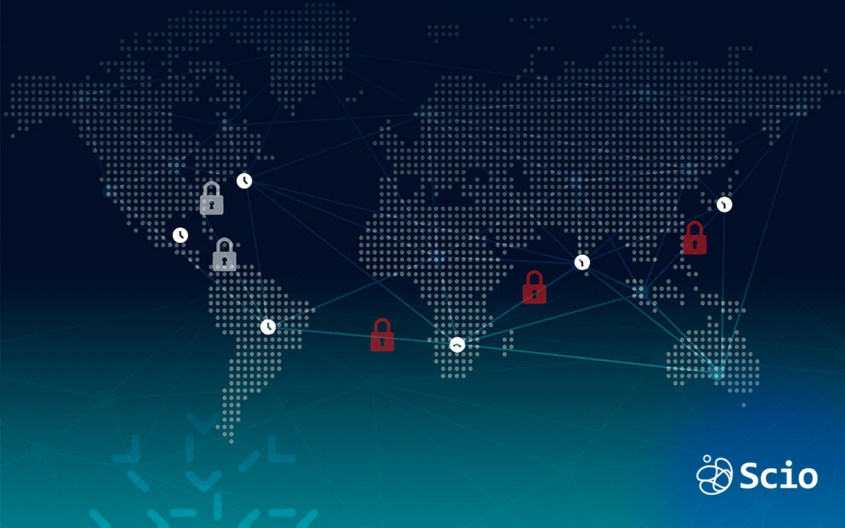 World map showing cybersecurity locks symbolizing the global connection between nearshore and offshore teams.