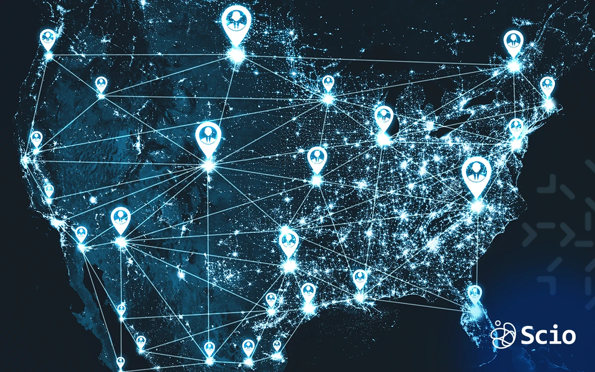 Digital network map illustrating nearshore software collaboration between U.S. clients and Latin American development teams.