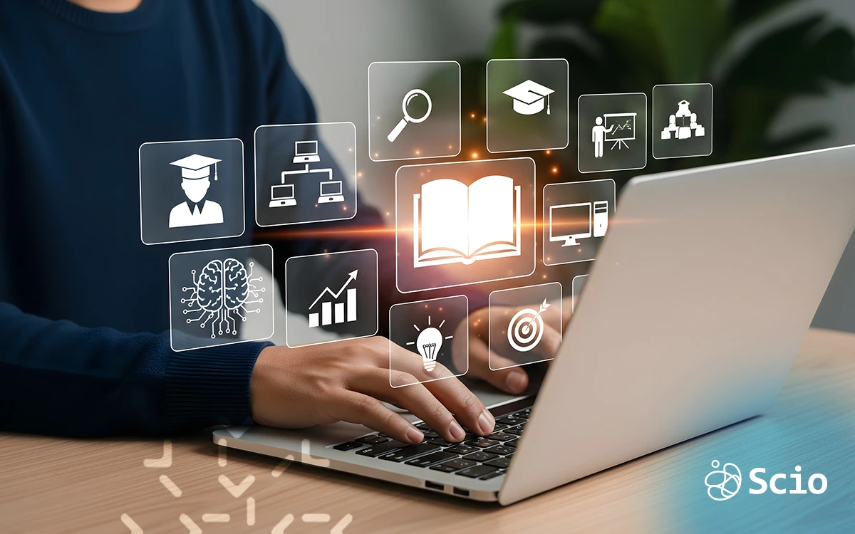 Software engineer in Austin analyzing leadership skills and project metrics on a laptop. Title: Developing Leadership in Software Engineering Teams.