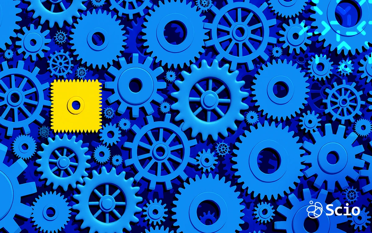 Blue gears with one yellow cog symbolizing controlled change and UX evolution in digital product design.
