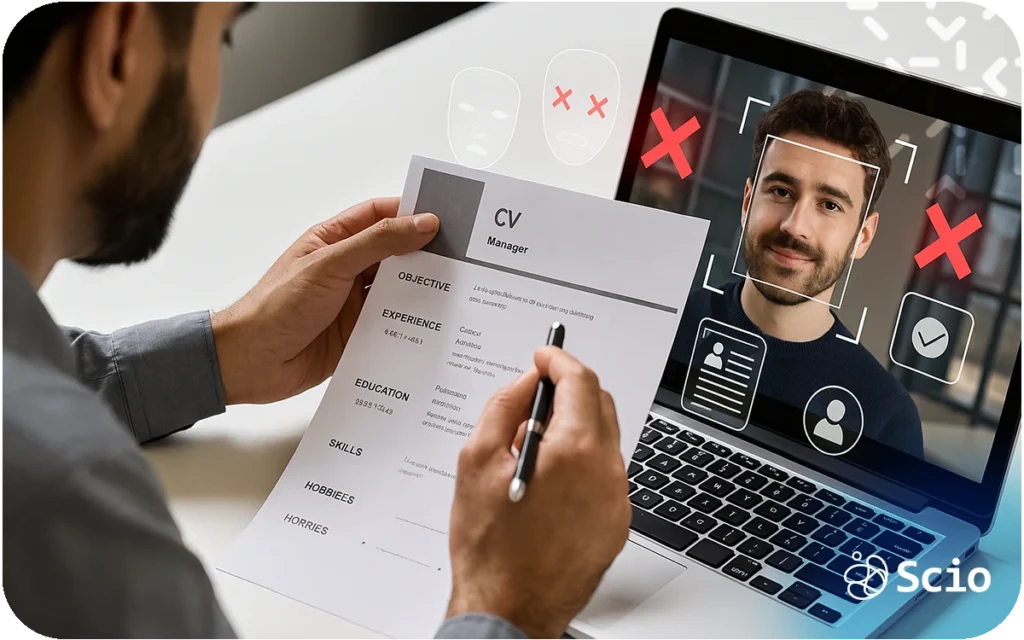 Remote developer hiring: hiring manager conducting a structured online interview with a remote software engineer illustrating the vetting and trust challenges in distributed team hiring