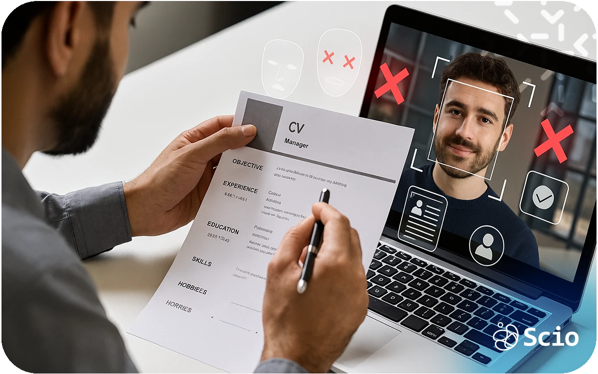 Remote developer hiring: hiring manager conducting a structured online interview with a remote software engineer illustrating the vetting and trust challenges in distributed team hiring