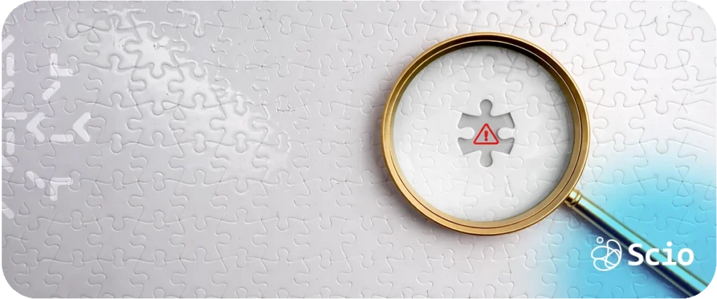 Legacy system failure risk: magnifying glass highlighting a missing puzzle piece representing the hidden fragility inside seemingly stable software systems