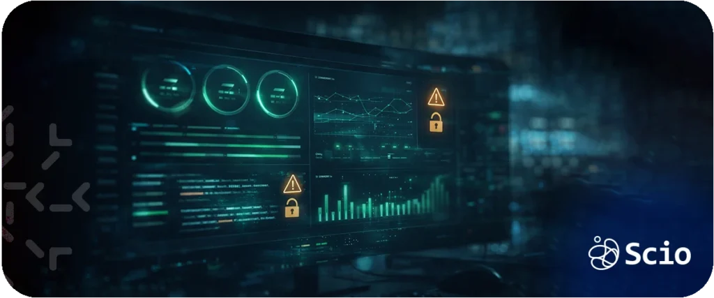 Vibe coding security risks: engineering dashboard showing system alerts and vulnerability signals representing the gap between fast AI-assisted development and production security readiness