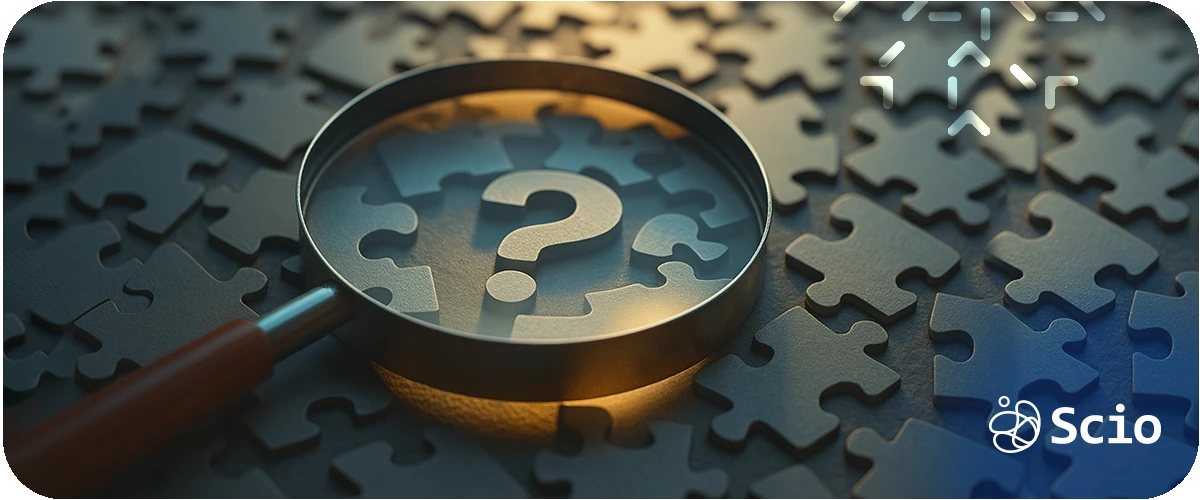 Magnifying glass over a puzzle piece with a question mark, representing how side projects help engineers sharpen problem-solving and technical intuition outside formal workflows.