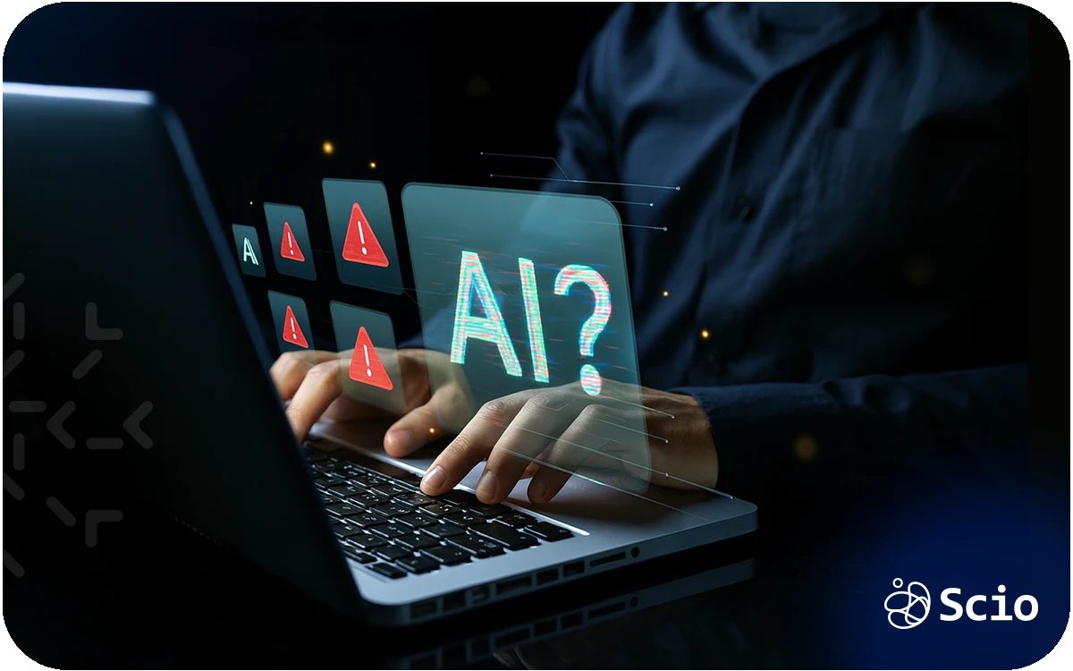 AI-assisted coding on a developer’s laptop, illustrating how generative tools write code quickly but fail to provide accountability when software breaks in production.